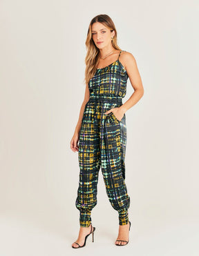 Macacão Jogger Acetinado Estampado Gaudi - Preto